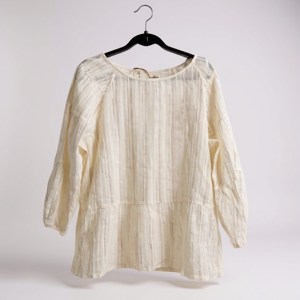 World Market Blouse Boho Cream Gold Metallic Pinstripe Peplum L/XL NWT